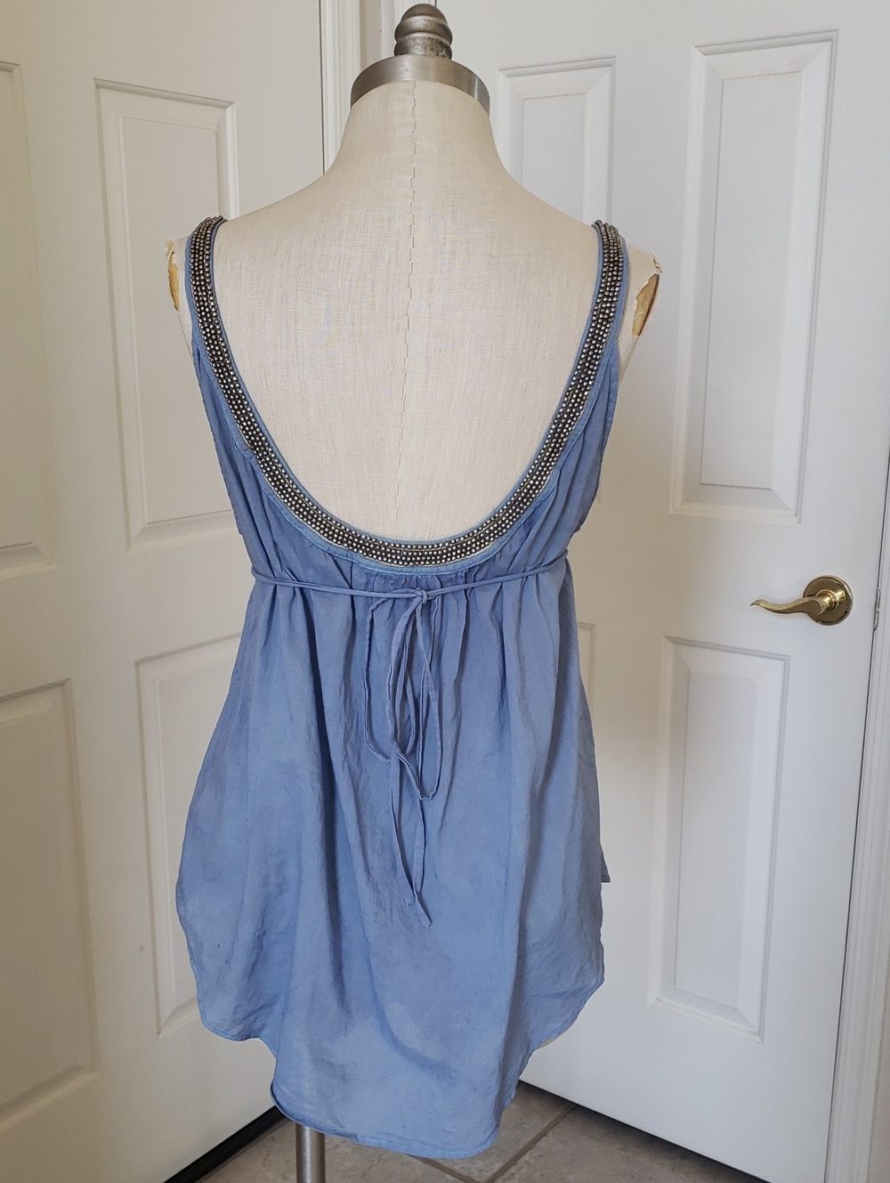 💐 Free People Vintage Boho Bead Trim Camisole Blue Festival Tank Top SMALL - Picture 4 of 11